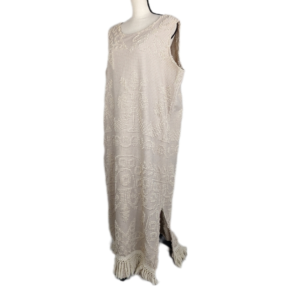 Vintage 70s MEMORY WEAR Cream French Knot Embroidered Sleeveless Maxi Dress - Picture 2 of 9